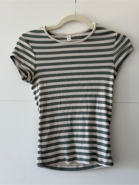 KOTN Striped Ribbed Tee in Green and Cream